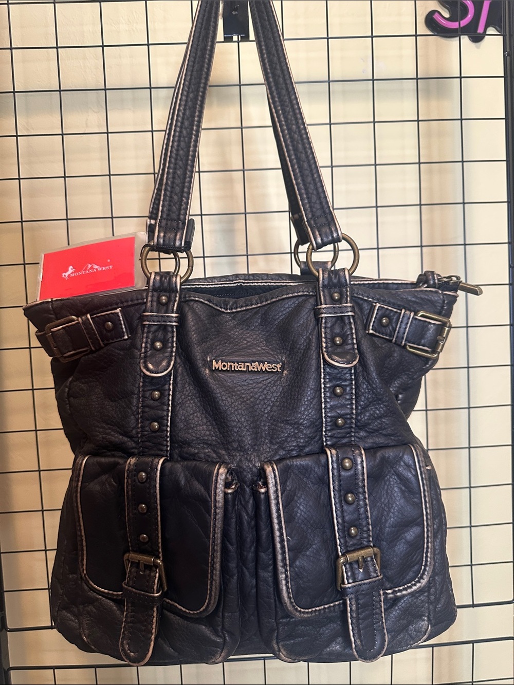 Montana West Rich Black BrownTextured Shoulder Bag with Antiqued Gold Hardware